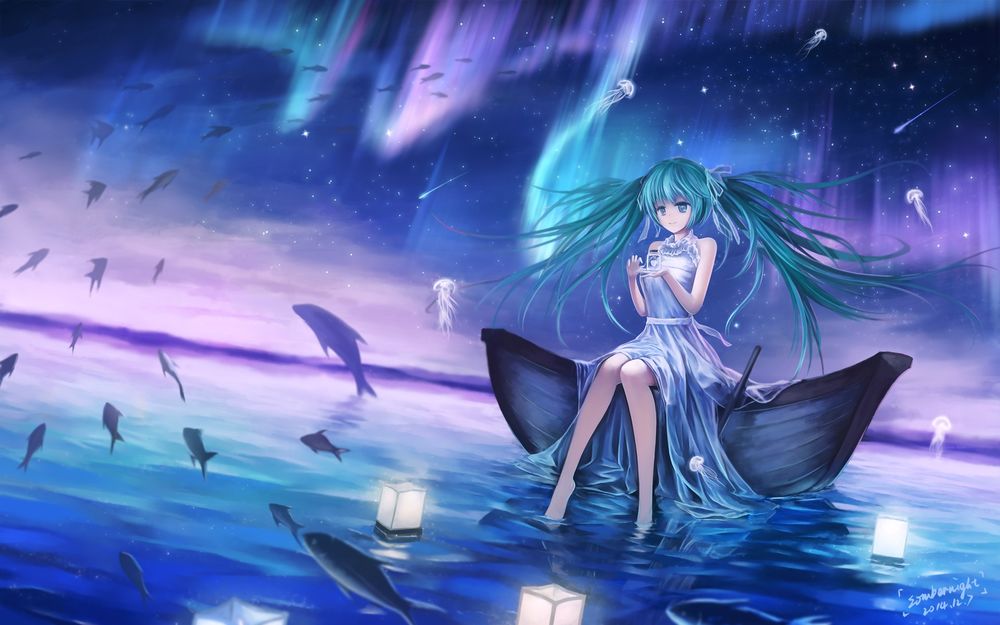 Обои для рабочего стола Vocaloid Hatsune Miku / Вокалоид Хатсуне Мику сидит на краю лодки в окружении летящих рыб и медуз