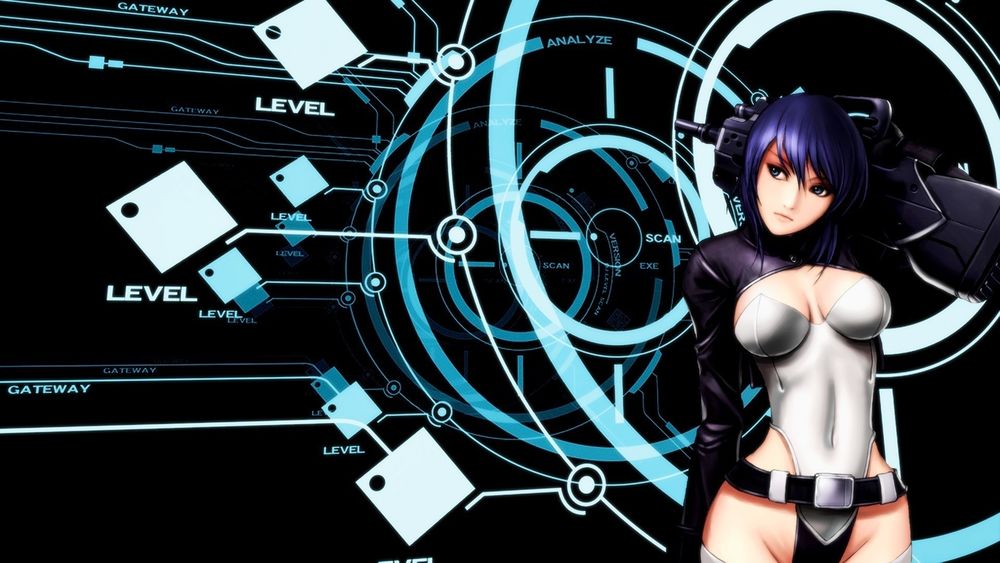 Обои для рабочего стола Kusanagi Motoko / Мотоко Кусанаги («Майор») с оружием в кибер пространстве, персонаж из аниме Ghost in the Shell / Призрак в доспехах