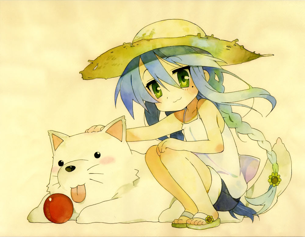 Обои для рабочего стола Izumi Konata / Коната Идзуми гладит собаку, персонаж из манги и аниме Lucky Star / Счастливая Звезда
