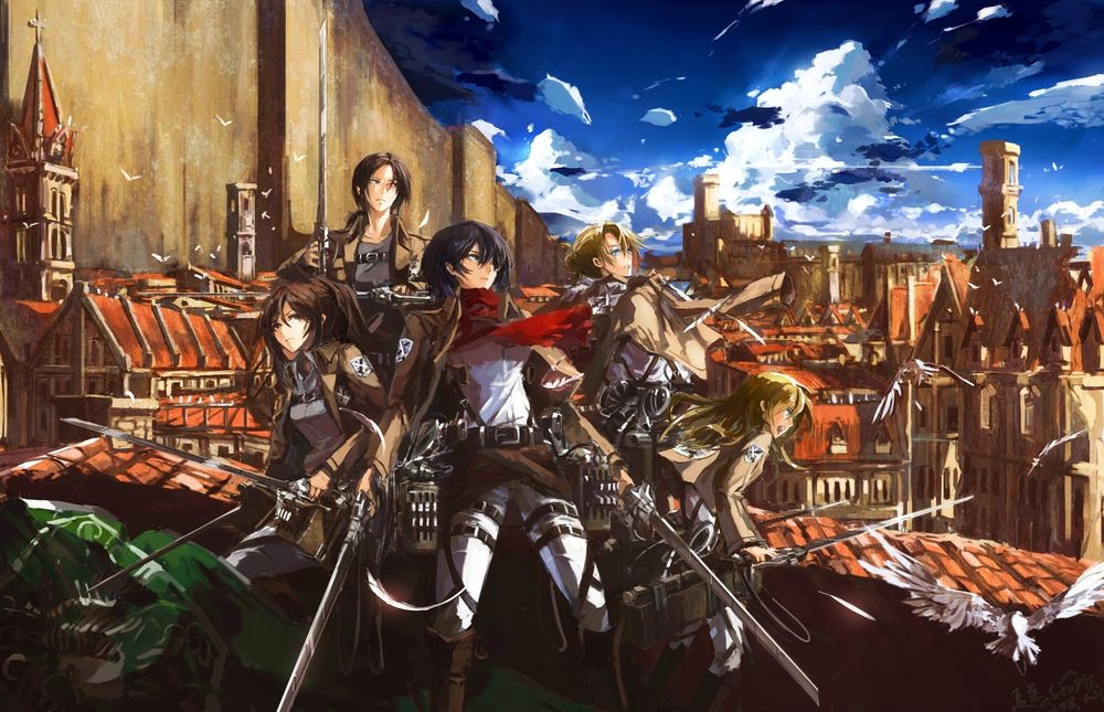 Обои для рабочего стола Атака Титана / Attack on Titan / Shingeki no Kyojin, Mikasa Ackerman, Eren Yeager, Annie Leonhardt, Sasha Browse и Petra Ral в форме разведкорпуса с клинками стоят на крыше дома перед стеной