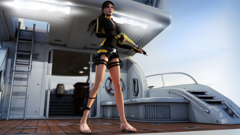 Обои для рабочего стола Tomb Raider великолепная Лара Крофт с оружием в руках на катере готова продолжить свое опасное путешествие