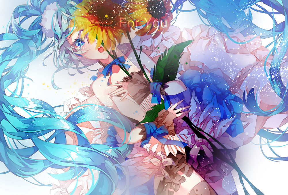 Обои для рабочего стола Hatsune Miku с цветами в руках, (fou you / для тебя)