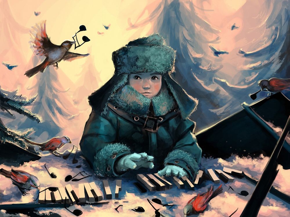 Обои для рабочего стола Мальчик в зимнем лесу играет на клавишах, ноты приносят птицы