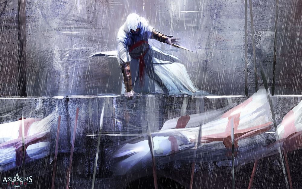 Обои для рабочего стола Персонаж из игры Assassins Creed / Кредо убийцы Альтаир ибн Ла-Ахад прыгает с кинжалом через стену
