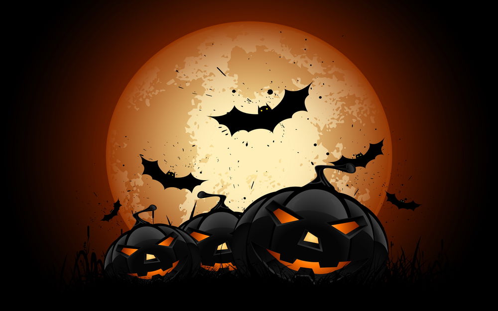 Обои для рабочего стола Черные светящиеся тыквы Хэллоуина, на фоне полной луны и летучих мышей