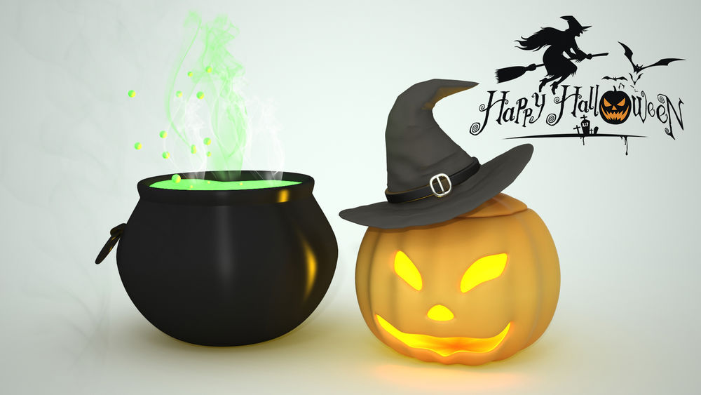 Обои для рабочего стола Тыква Хелоуина со шляпой и котелок который варит зелье