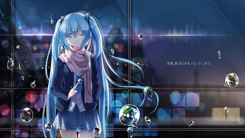 Обои для рабочего стола Vocaloid Hatsune Miku / Вокалоид Хатсуне Мику с шарфом на фоне окна в окружении мыльных пузырей