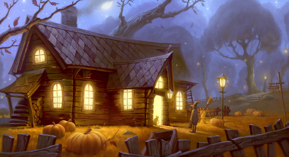 Обои для рабочего стола Ведьма с метлой стоит ночью в лесу у порога дома, вокруг которого лежат тыквы