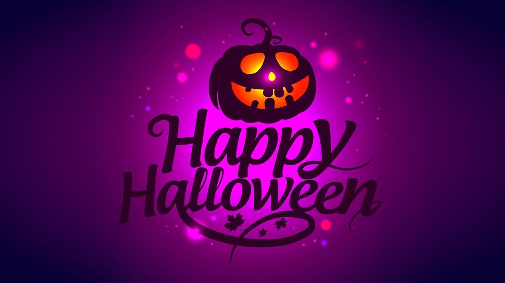 Обои для рабочего стола Тыква-фонарь Джека на фиолетовом фоне (Happy Halloween)