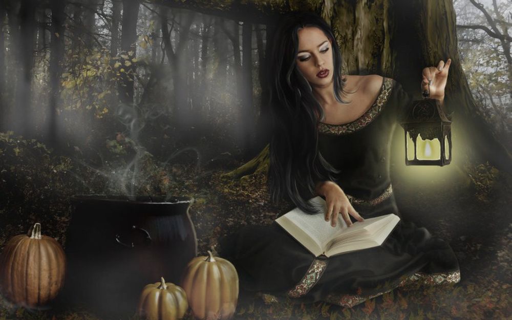 Обои на рабочий стол Ведьма колдует с помощью книги на Halloween, рядом с  котлом лежат тыквы, обои для рабочего стола, скачать обои, обои бесплатно