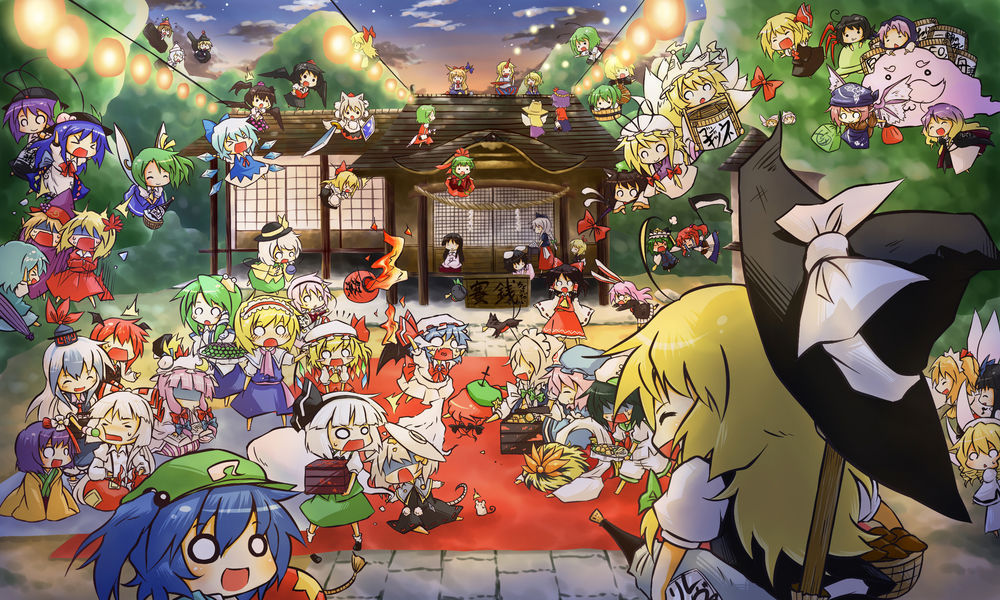 Обои для рабочего стола Kirisame Marisa, Flandre, Remilia Scarlet, Hakurei Reimu, Koishi Komeiji, Kunpaku Youmu и др. персонажи из серии компьютерных игр Touhou Project / «Проект «Восток» собрались на гулянку по случаю Happy Halloween