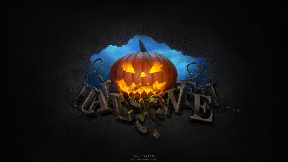 Обои для рабочего стола Фонарь Джека стоит на буквах Halloween