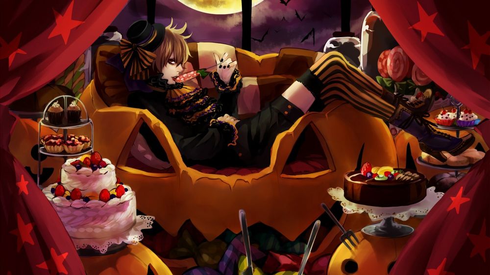 Обои для рабочего стола Девушка лежит на диване в виде тыквы хэллоуин в окружении сладостей