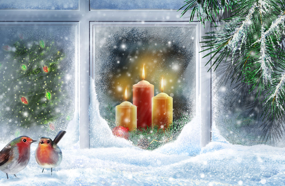 Обои для рабочего стола Рисунок на тему нового года, за окном горят две свечи и виднеется нарядная елка, перед окном сидят два снегиря и еловая ветка