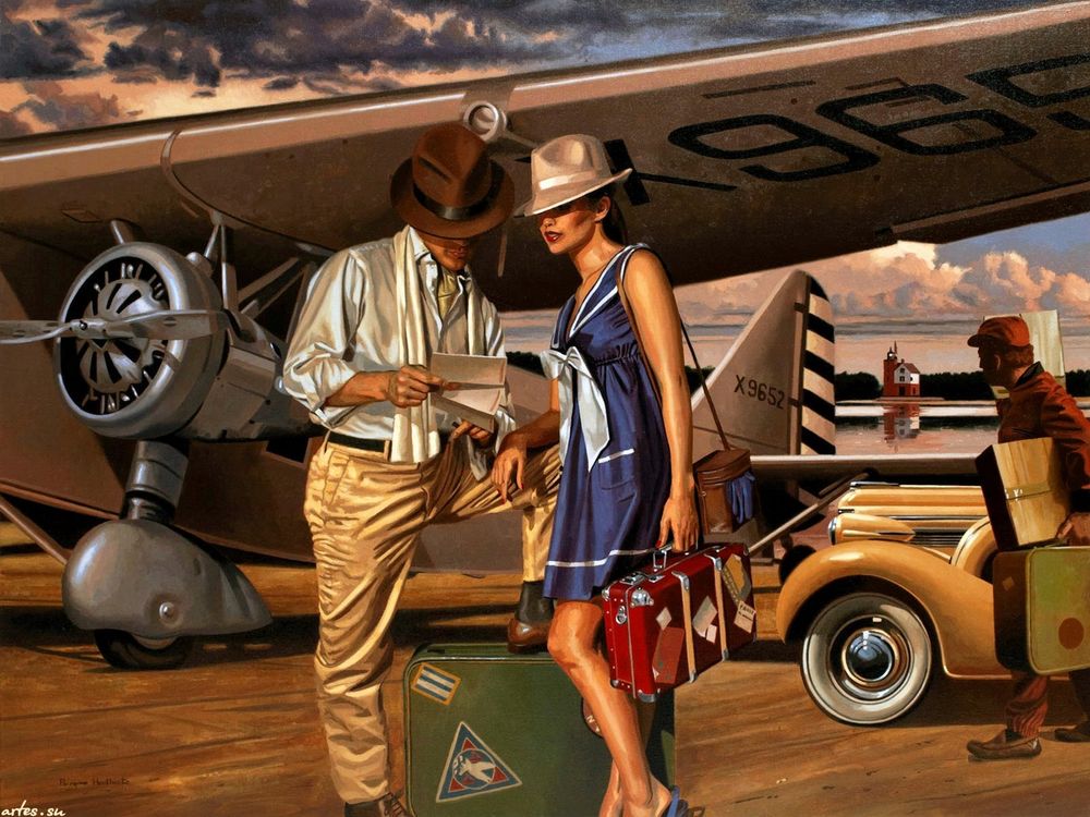 Обои для рабочего стола Мужчина и женщина возле самолета с чемоданами в ожидании воздушного путешествия, художник Перегрин Хиткот