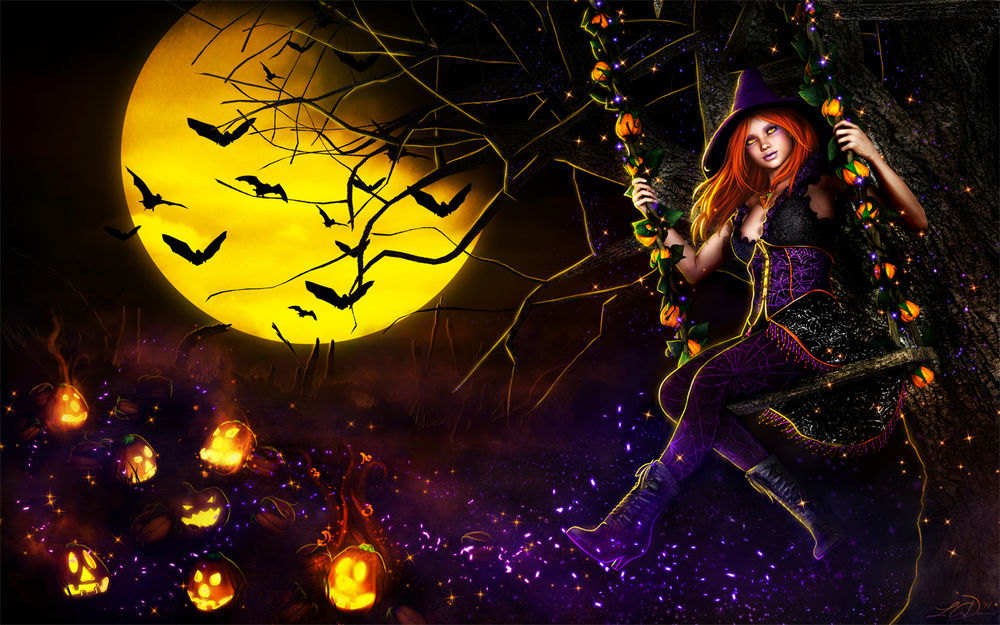 Обои для рабочего стола Молодая ведьмочка, качается на качелях, на дереве. На земле стоят тыквы-свечи Хеллоуина, на фоне полной луны, видны летающие мыши