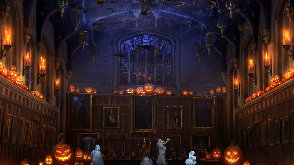 Обои для рабочего стола Ночь Хеллоуина, призраки отмечают праздник в мрачном зале, на стенах портреты магов, горят свечи-тыквы, под потолком кружат летучие мыши