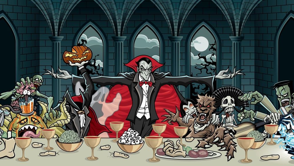 Обои для рабочего стола Все монстры собрались за одним столом в праздник Хэллоуин
