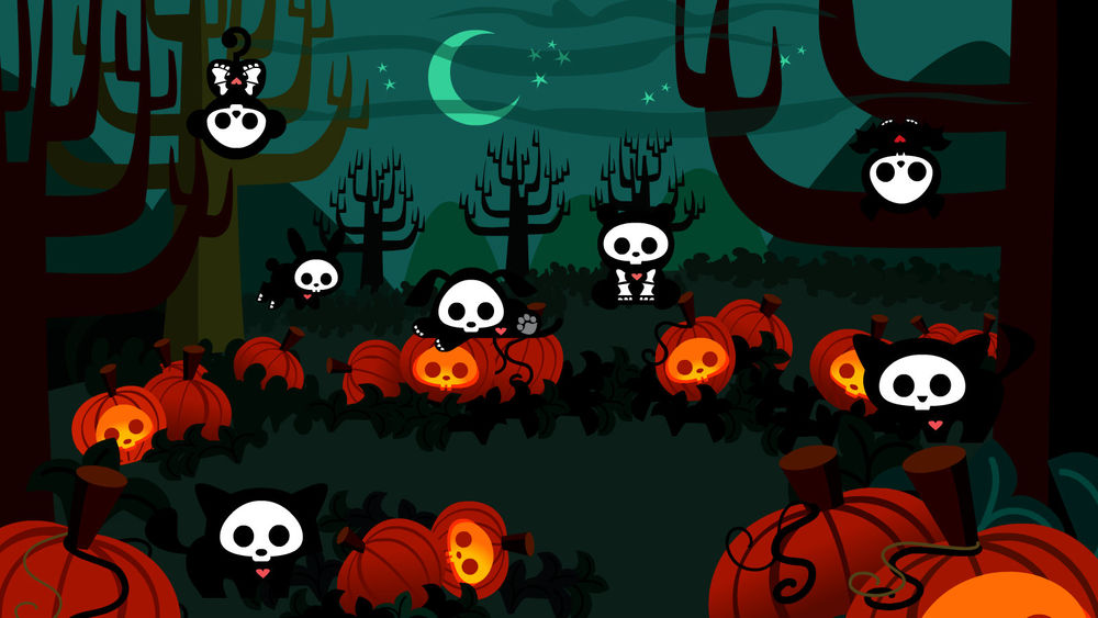 Обои для рабочего стола Skelanimals, скелетики зверушек с сердечками, сидят на тыквах, деревьях и земле