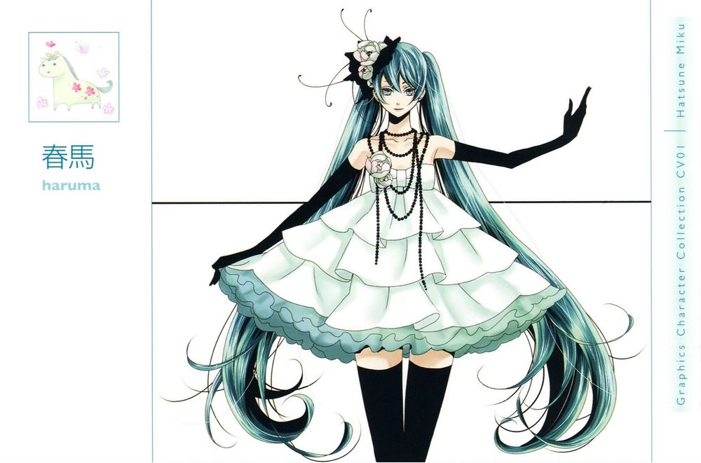 Обои для рабочего стола Vocaloid Hatsune Miku / Вокалоид Хатсунэ Мику в платье с оборками, art by Haruma