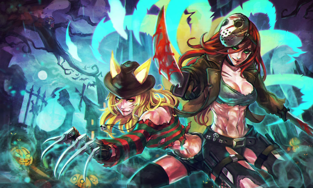 Обои для рабочего стола Ahri & Katarina / Ари и Катарина из игры Лига Легенд / League of Legends в костюмах на Хэллоуин / Halloween