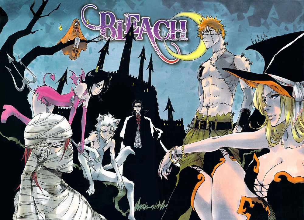 Обои для рабочего стола Герои аниме Блич / Bleach в образах для Хэллоуина на фоне луны и темного замка