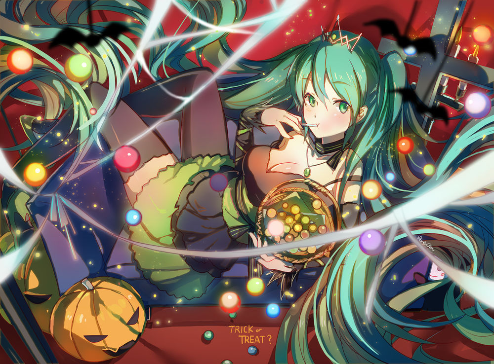 Обои для рабочего стола Vocaloid Miku Hatsune / Вокалоид Мику Хатсуне сидит с корзинкой сладостей возле хэллоуинской тыквы (Trick or treat?)