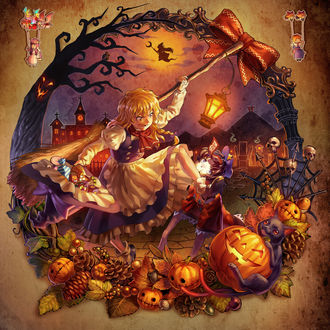 Обои на рабочий стол В ночь Helloween рассерженная Marisa Kirisame держит в одной руке шляпу со сладостями, в другой метлу с фонарем и ногой пинает, кусающую ее девочку, из игры Touhou / Проект Восток