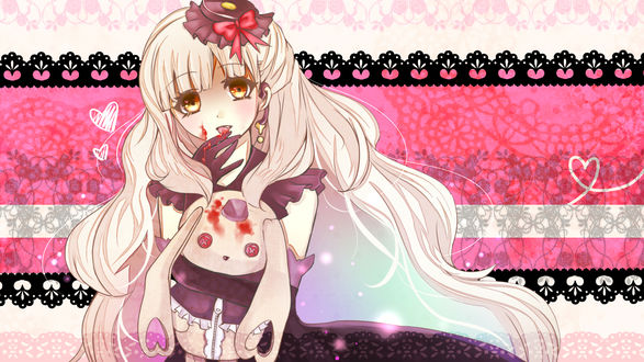 Обои на рабочий стол Vocaloid MAYU / Вокалоид Маю, одетая в стиле готической Лолиты, обнимает своего игрушечного кролика и слизывает кровь с пальцев, art by chaperu (mukuone)