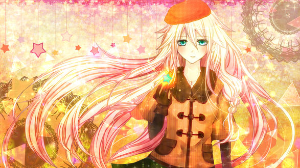 Обои на рабочий стол Vocaloid IA / Вокалоид Ия, в пальто и красной шапочке, с сияющей звездочкой в руке, art by chaperu (mukuone)