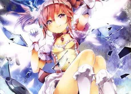 Обои на рабочий стол Мадока Канамэ / Madoka Kaname в слезах среди осколков стекла из аниме Девочка-Волшебница Мадока Магика / Mahou Shoujo Madoka Magica, art byYuugen