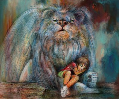 Обои на рабочий стол Мальчик спит у ног льва, работа Angel-guardian / ангел -хранитель, by indra13
