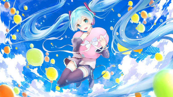Обои на рабочий стол Vocaloid Miku Hatsune / Вокалоид Мику Хатсуне держит сердце на фоне неба и воздушных шаров