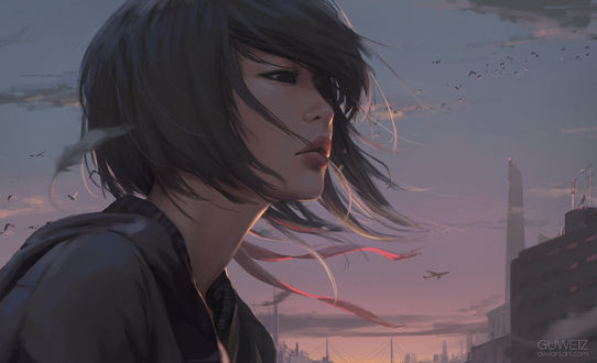 Обои на рабочий стол Девушка стоит на фоне неба, By GUWEIZ