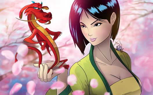 Обои на рабочий стол Мулан с драконом герои из мультфильма Мулан / Mulan