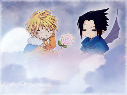 Обои на рабочий стол Демон Sasuke Uchiha и ангел Наруто Узумаки / Naruto Uzumaki сидят в облаках, из аниме Наруто / Naruto