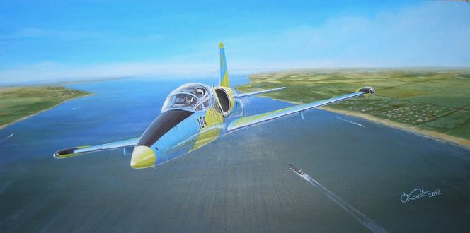 Обои на рабочий стол Рисунок самолета Л-39, летящего над рекой, автор Сконов 2012