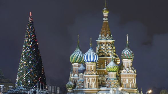 Обои на рабочий стол Москва, Красная площадь, Собор Василия Блаженного, Кремлевская елка