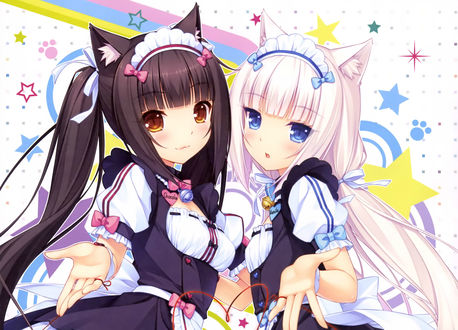 Обои на рабочий стол Chocola и Vanilla с мизинцами связанными красной нитью, манга Neko para, art by Sayori