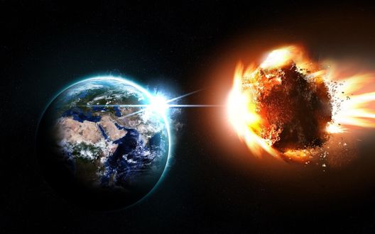 Обои на рабочий стол Огненный метеорит приближается к планете Земля