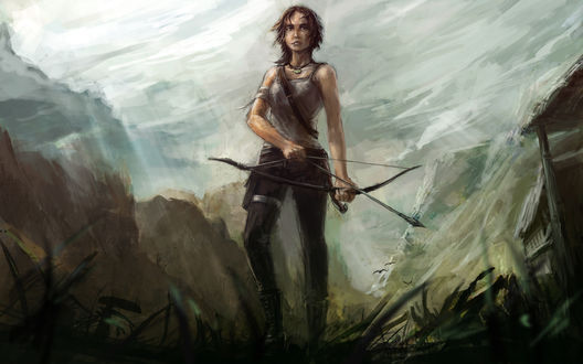 Обои на рабочий стол Лара Крофт с луком на фоне гор, игра Tomb Raider / Расхитительница гробниц