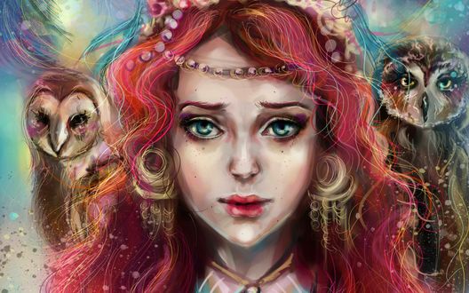 Обои на рабочий стол Девушка и две совы, by manulys