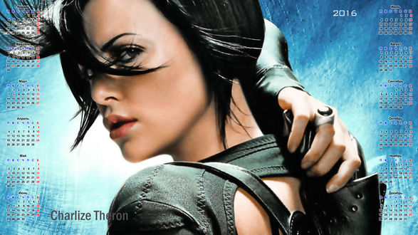 Обои на рабочий стол Календарь на 2016 год с Шарлиз Терон / Charlize Theron