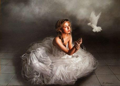 Обои на рабочий стол Девушка приподняла руки к парящему перед ней голубю, ву Brita Seifert