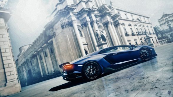 Обои на рабочий стол Lamborghini стоит на дороге города