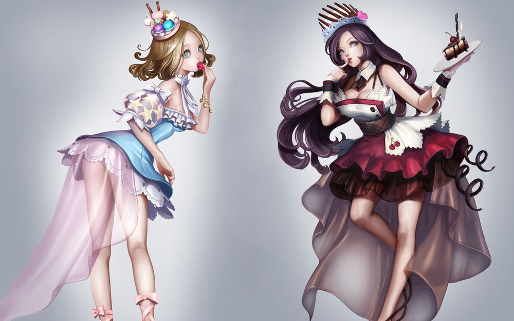Обои для рабочего стола Две аниме девушки, блондинка и брюнетка, стоят со сладостями и пирожными в пышных платьях