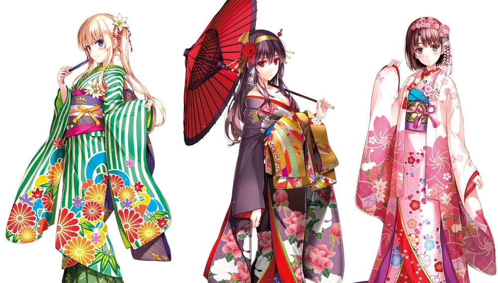 Обои для рабочего стола Три девушки в красивых кимоно на белом фоне, манга Saenai Heroine no Sodatekata