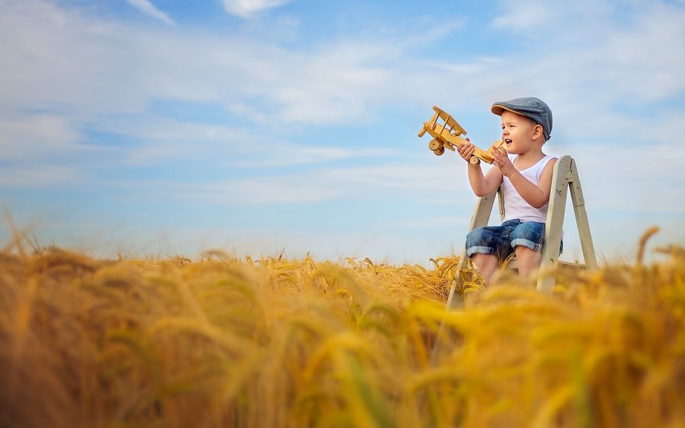 Обои для рабочего стола Маленький мальчик, с игрушечным самолетом в руках, сидит на стремянке посреди пшеничного поля