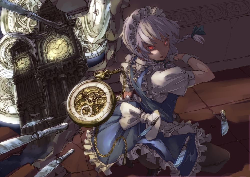 Обои для рабочего стола Sakuya Izayoi / Сакуя Изаеи с горящими глазами бросает ножи и часы, из серии компьютерных игр Touhou Project / Проект «Восток»