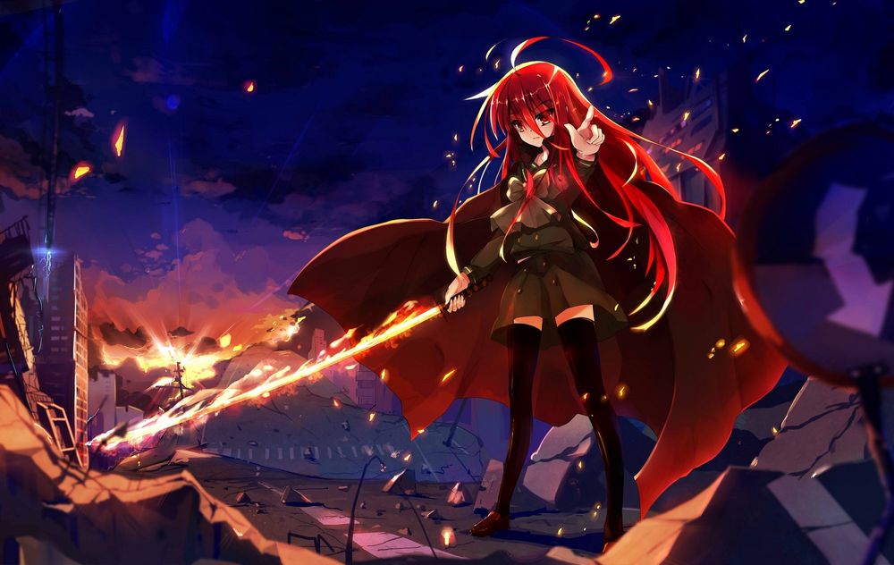Обои для рабочего стола Shana / Шана стоит в плаще с катаной среди хаоса, аниме Shakugan no Shana / Жгучий взор Сяны
